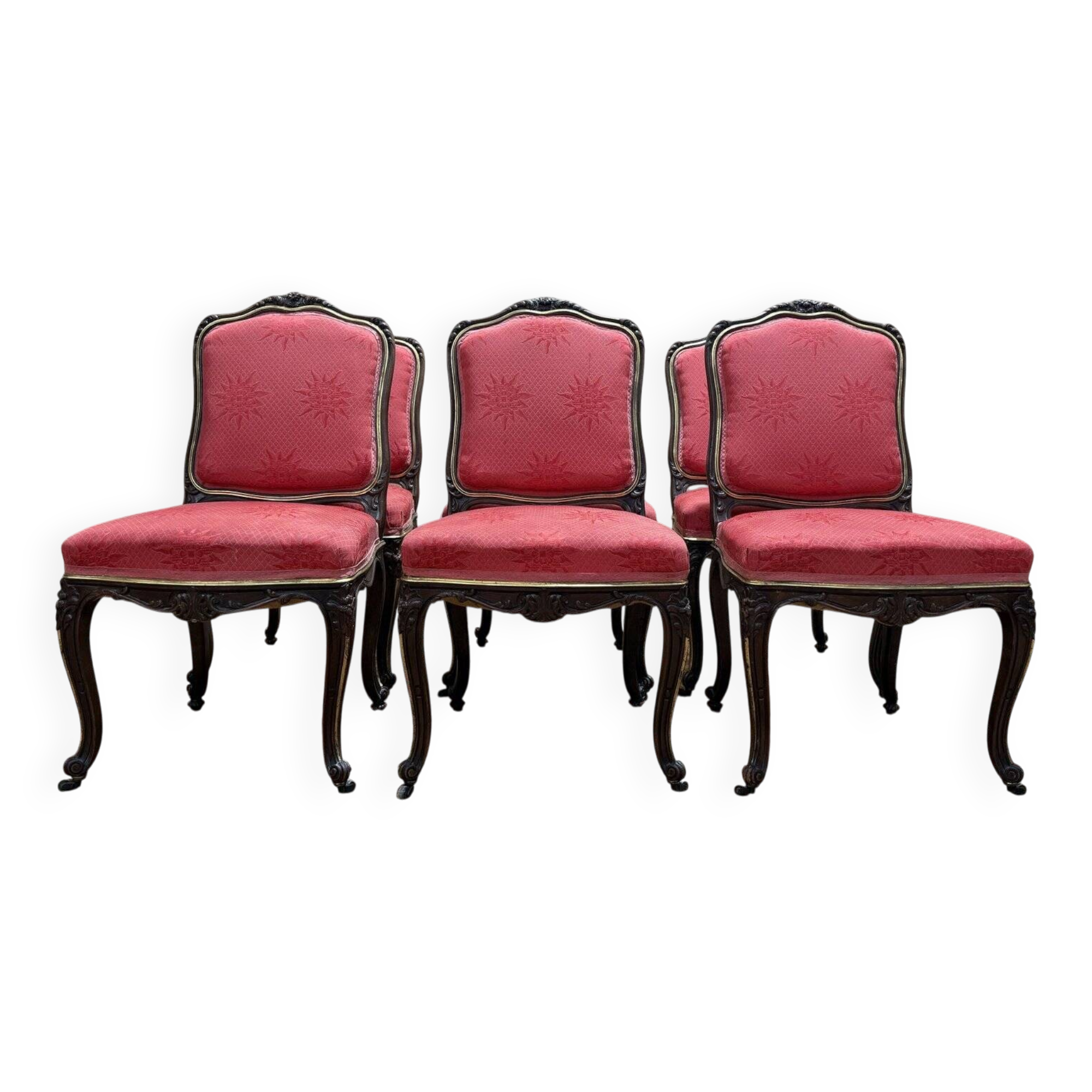 Set of 6 Louis XV style chairs in walnut and brass.
