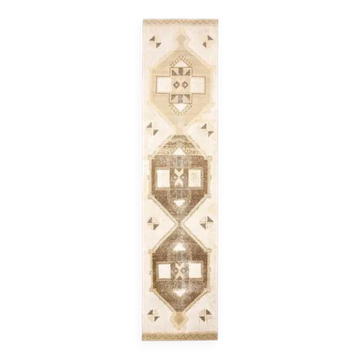 1970s Vintage Turkish Hand-Knotted Wool Cotton Beige Runner Rug 90x391