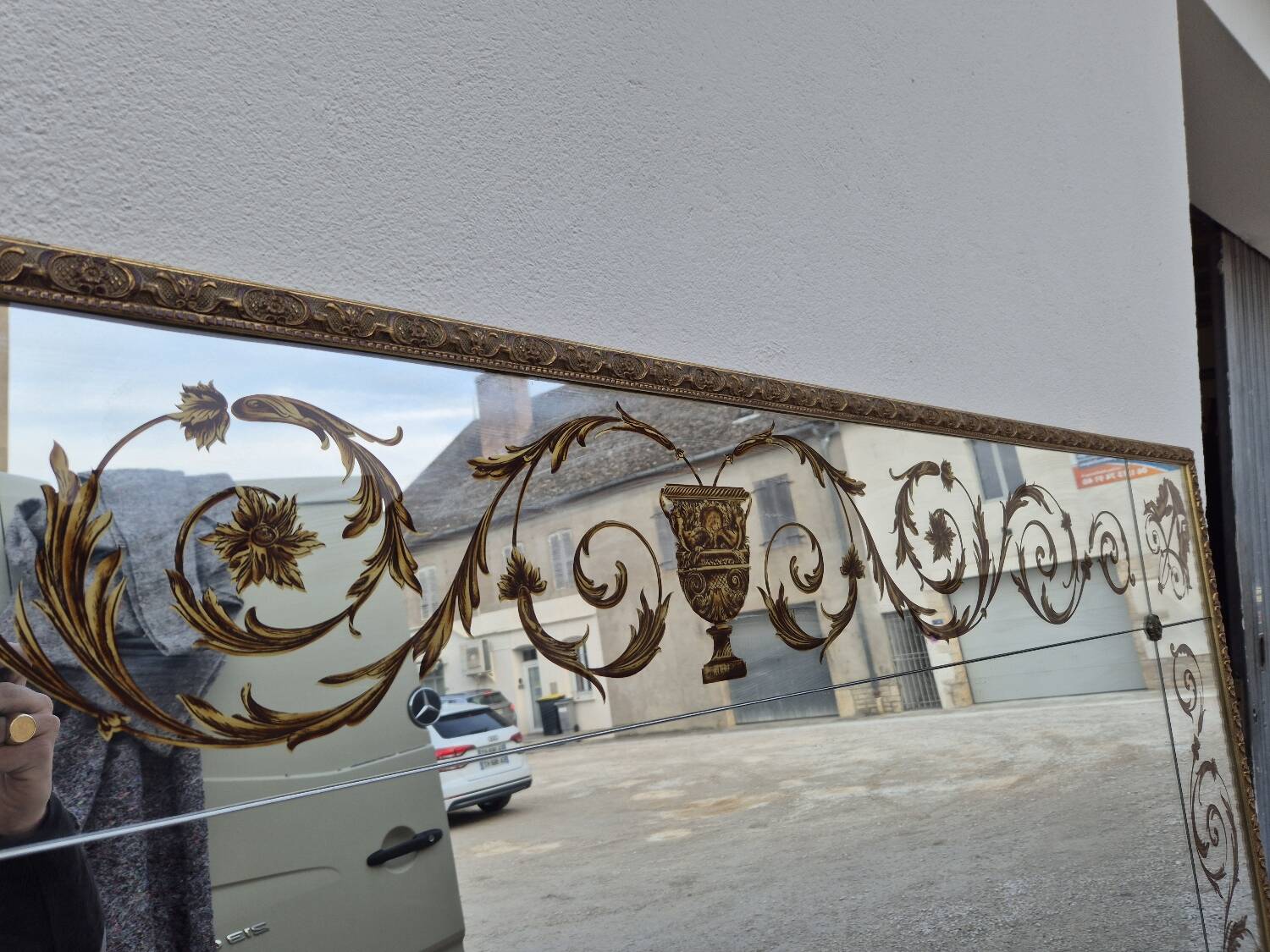 Antique gilded Venetian brasserie mirror in eglomised glass