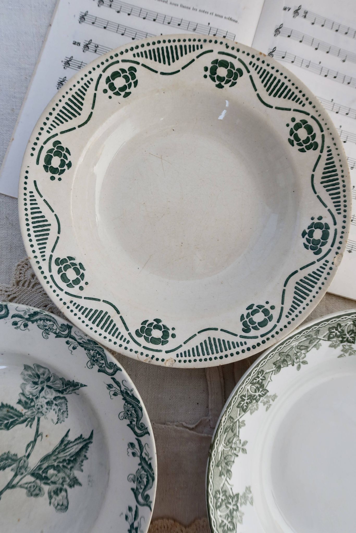 4 mismatched old green ironstone deep plates