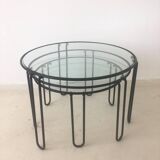 Set of three coffee tables black glass in the middle of the century with legs and metal hairpin