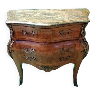 Petite commode tombeau, style Louis XV Régence - Loupe d'orme et marbre vert.
