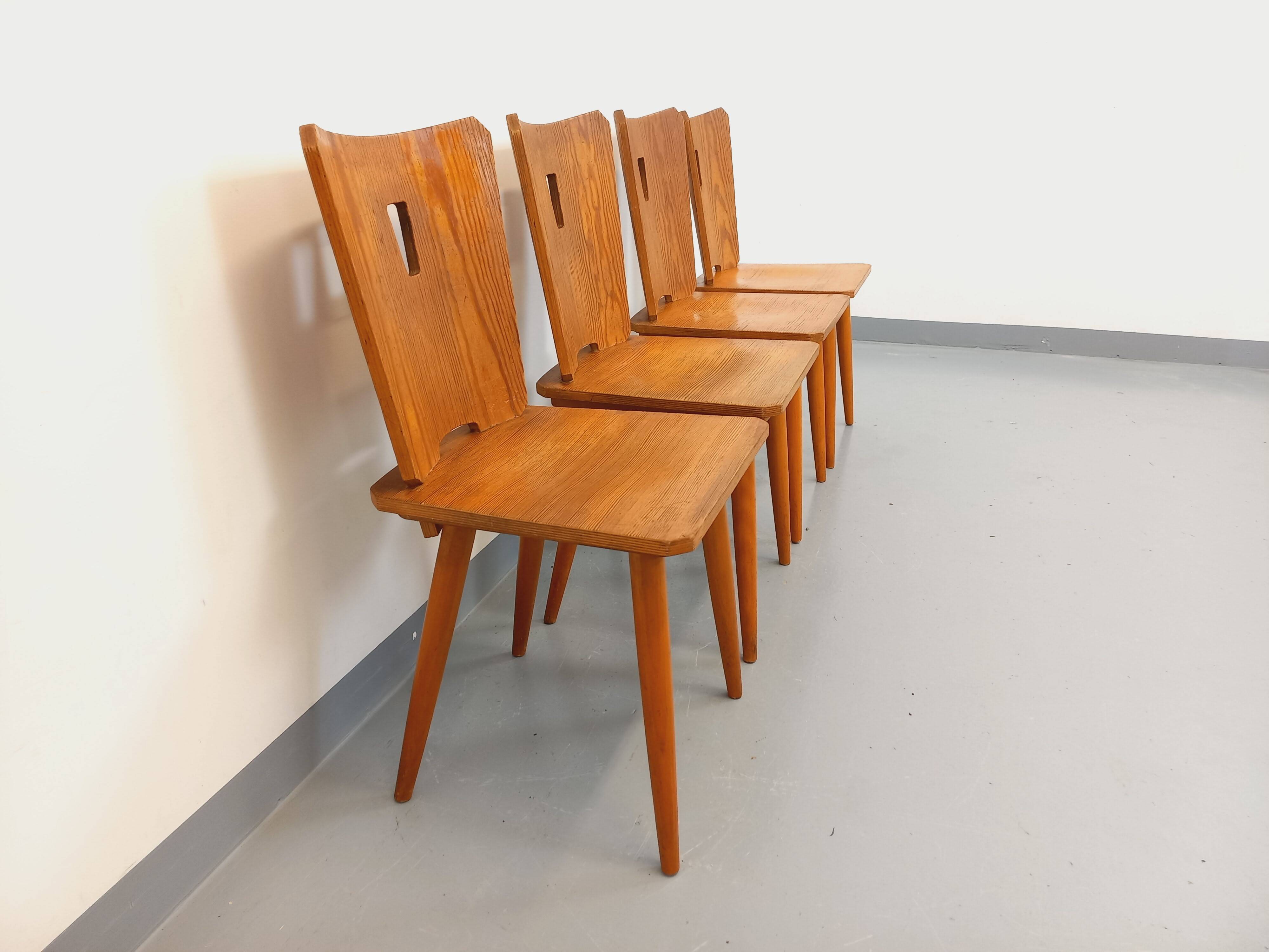 Set of 4 vintage brutalist wooden chairs from the 60s