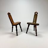 Set of 2 mid century brutalist oak tripod stools, 1960s