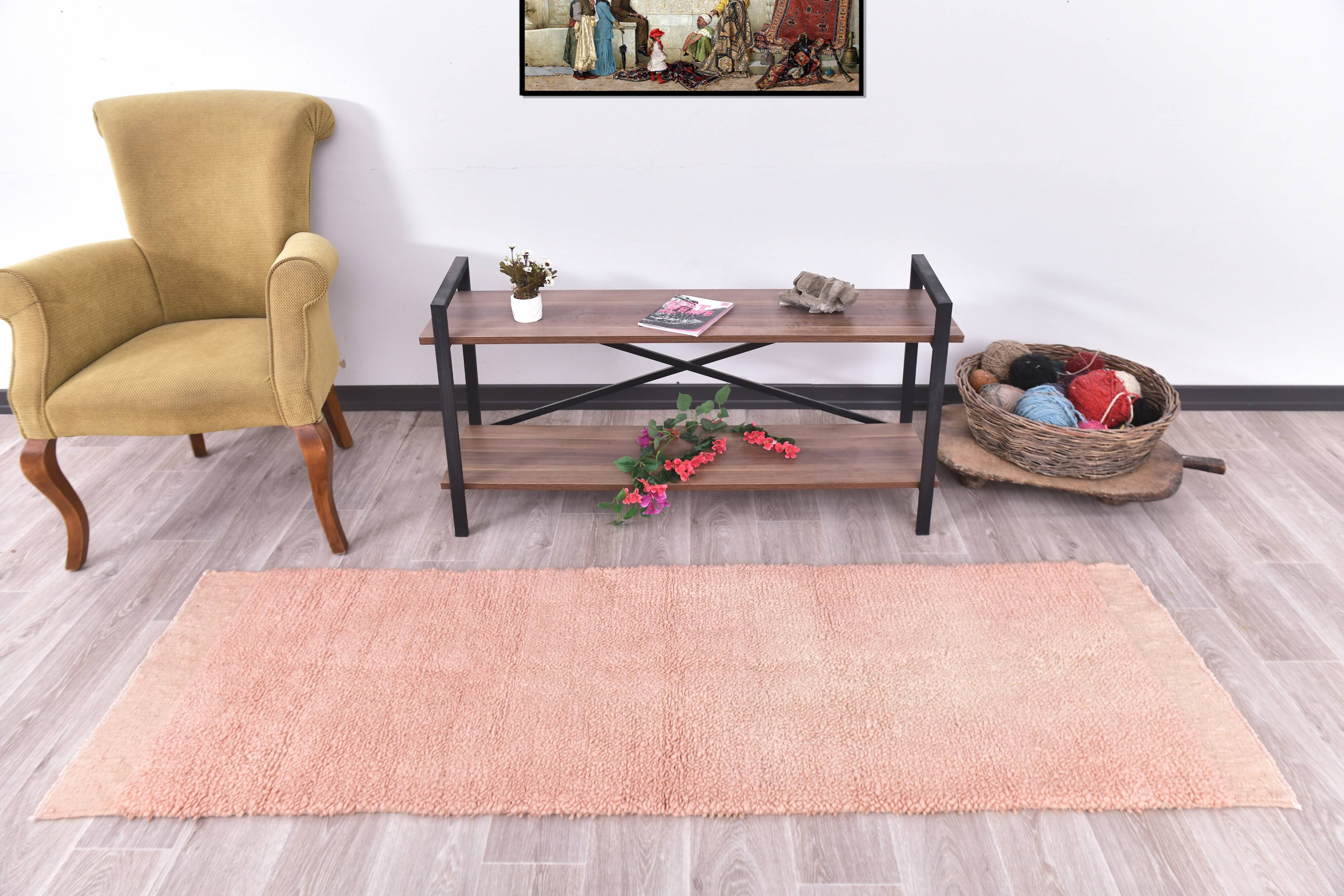 %100 Rose Pink Wool Vintage Runner Rug 67x215Cm