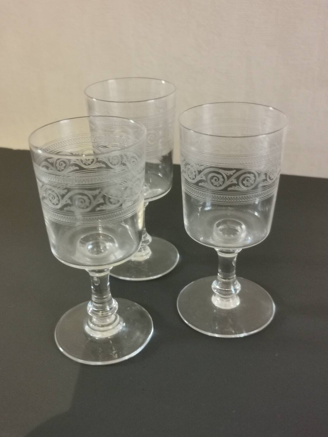 Blown and engraved art deco crystal wine glasses