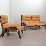 Brutalist Bentwood Bamboo Lounge Chair with Caramel Leather Upholstery, 60s