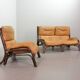 Brutalist Bentwood Bamboo Lounge Chair with Caramel Leather Upholstery, 60s
