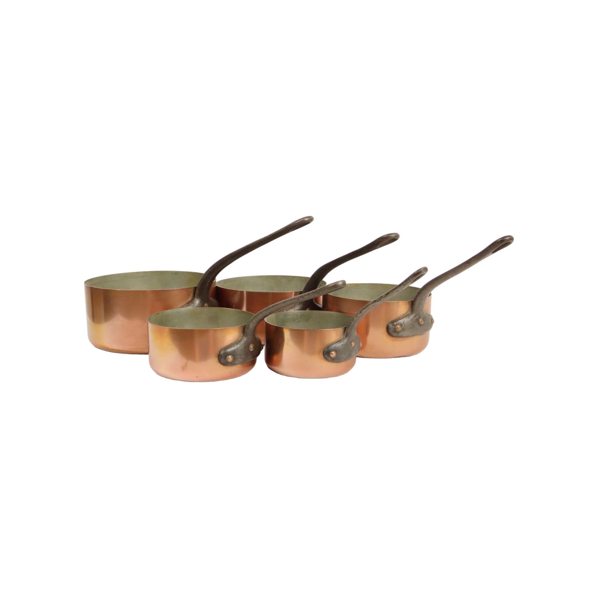 Lot De 5 Vieilles Casseroles En Cuivre – Manches Métal – Vintage Décoratif