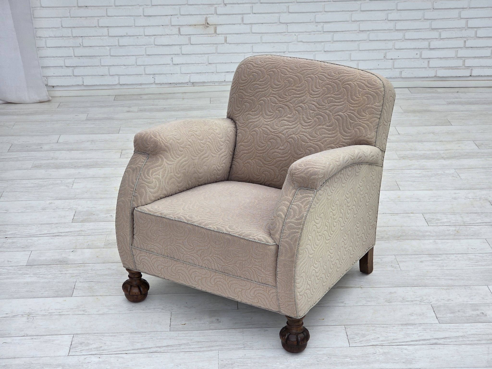 1950s, Danish artdeco armchair, furniture wool, oak wood legs.