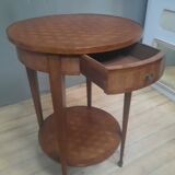 Round marquetry pedestal table with 2 shelves