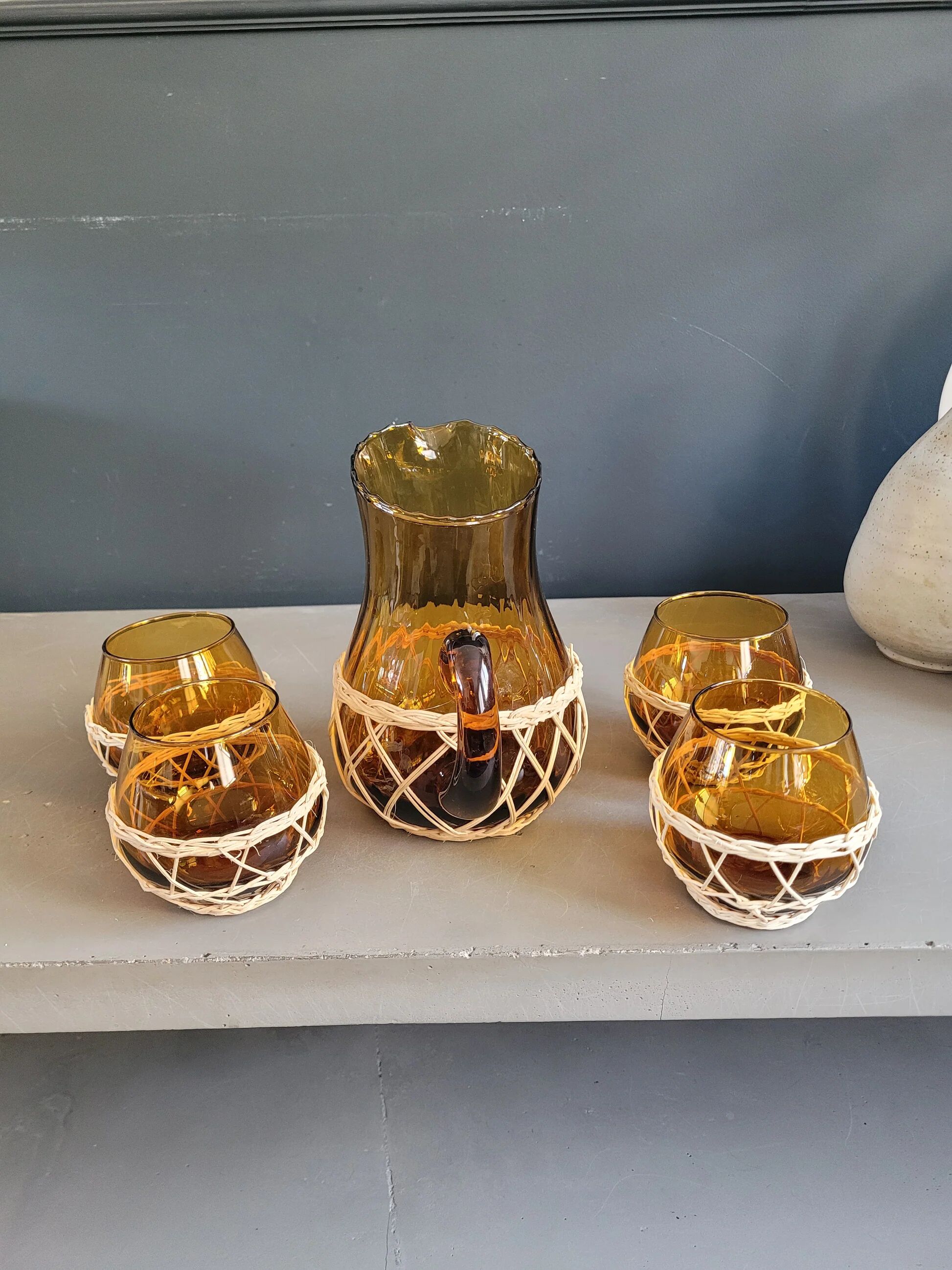 Amber glass and wicker lemonade service