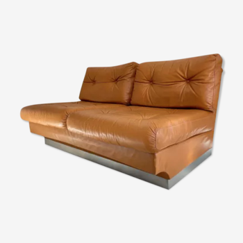 Vintage two-seater sofa, fawn leather and brushed aluminum, France 1970