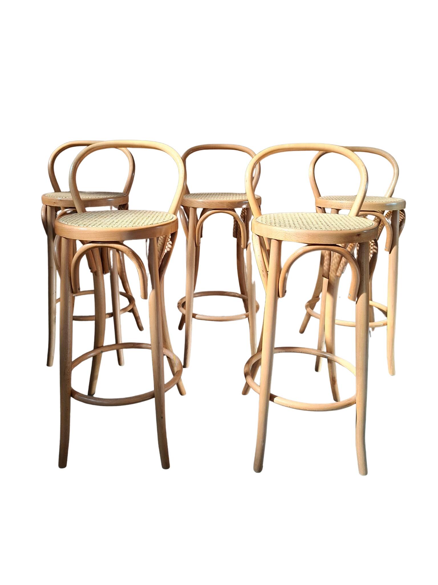 Set di 5 Sgabelli Thonet Style in Legno Curvato e Paglia di Vienna '70