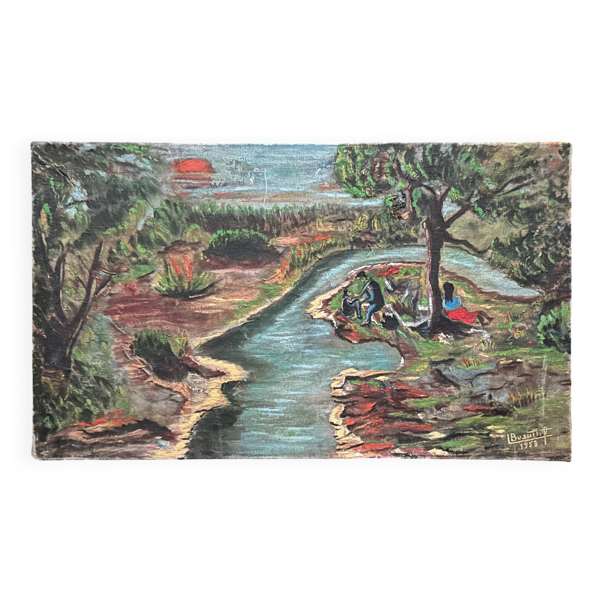 Vintage River Scene Oil Painting