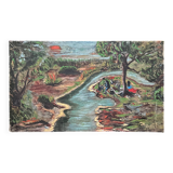 Peinture à l'huile représentant une scène de rivière vintage