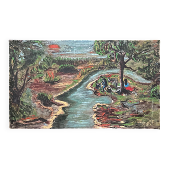 Vintage River Scene Oil Painting