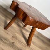 Brutalist coffee table, elm slice, tripod, 1960s