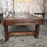 Old 70's Coffee Table Wood + Vintage Painted Ceramic Tiles #A608