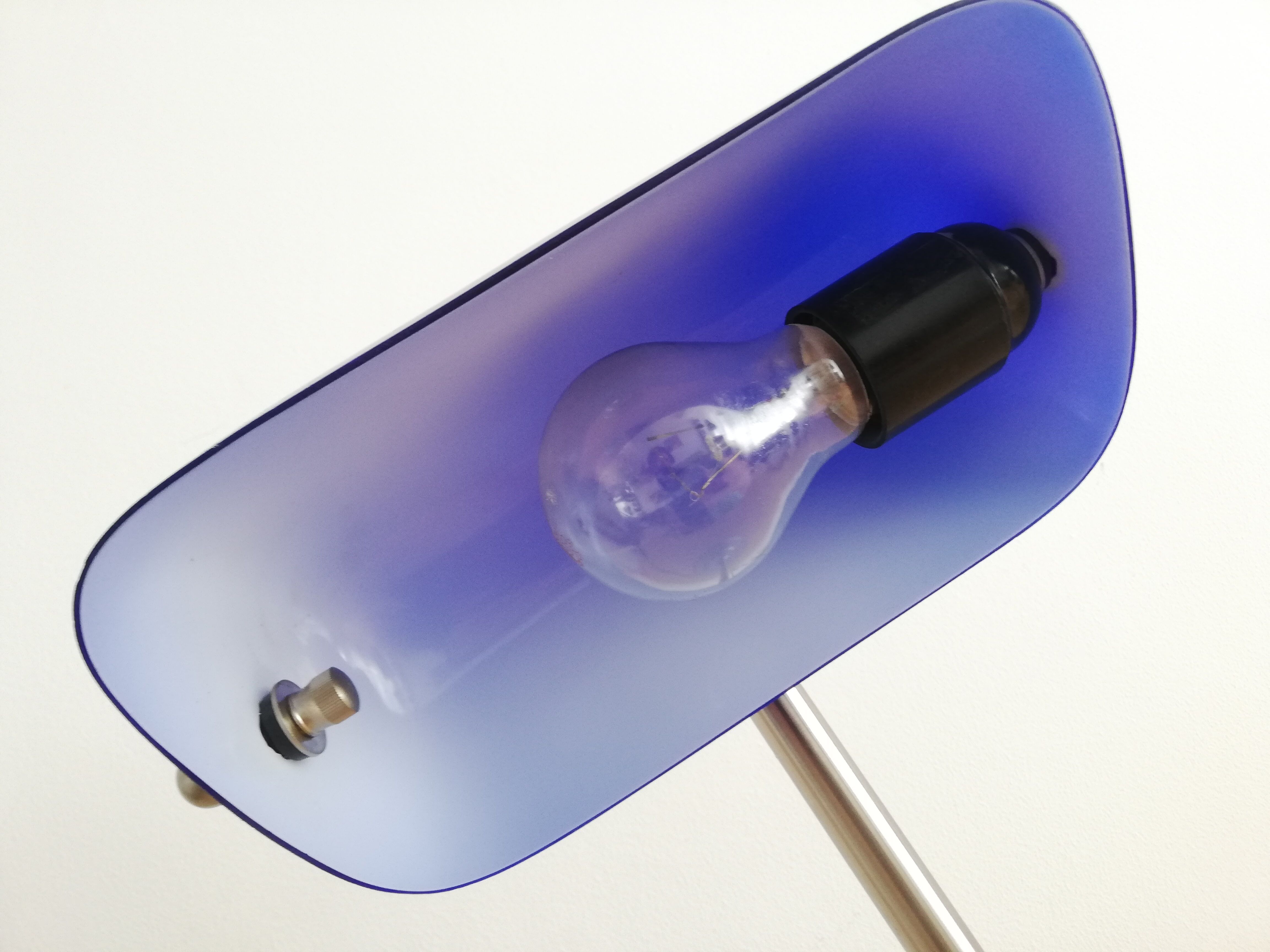 Blue glass and brass bankers lamp