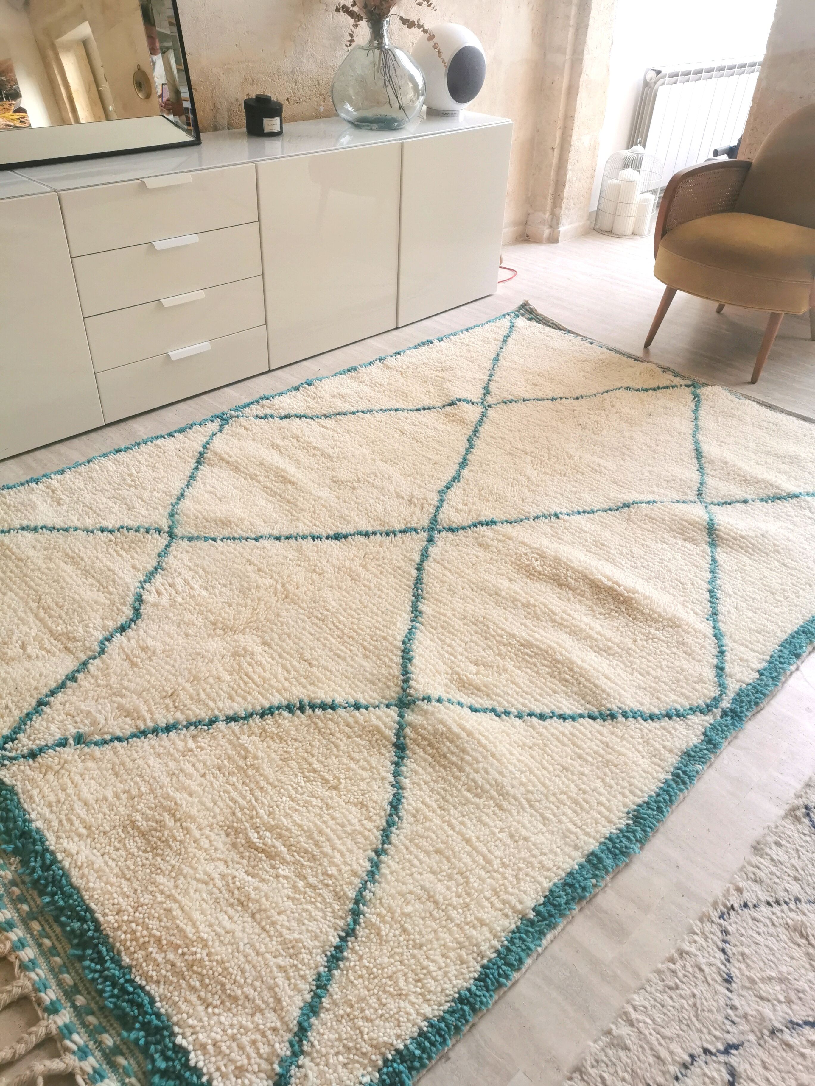 Berber carpet blessed ouarain true turquoise blue with diamonds in wool