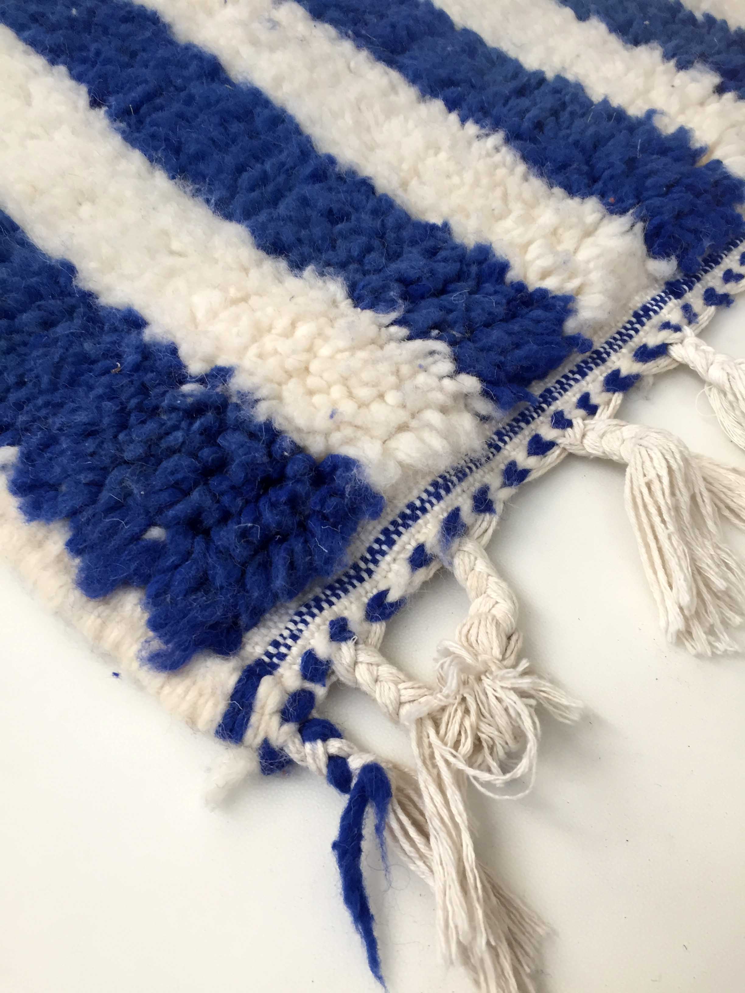 Moroccan Berber carpet blessed ouarain ecru with blue geometric patterns 216x130cm