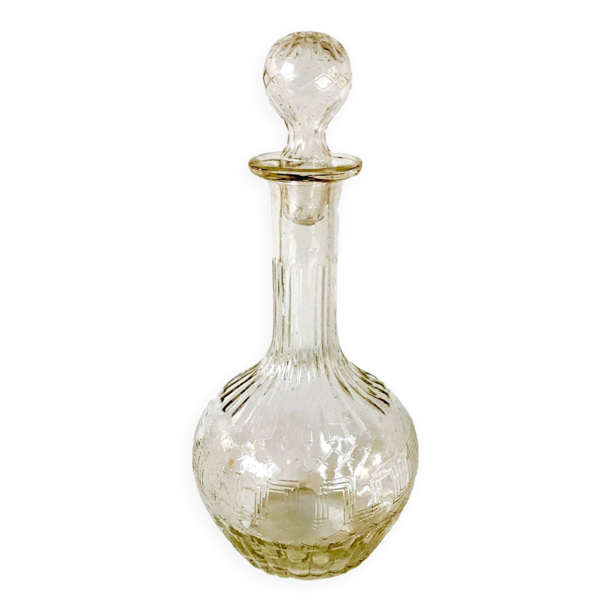 engraved glass wine carafe round stopper 50s