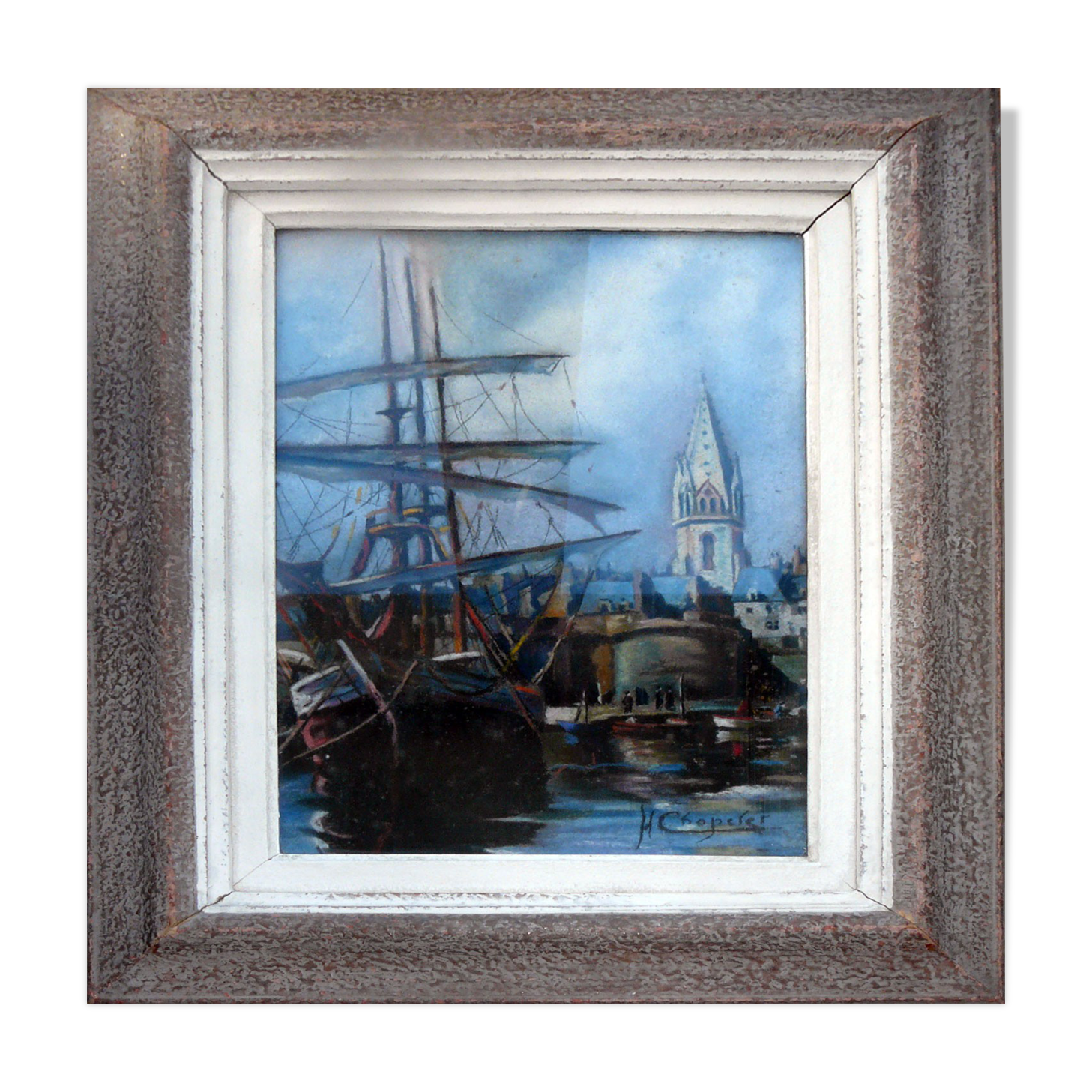 Painting Marine XIX° signed H. Chopeler pastel Port boat masts + frame