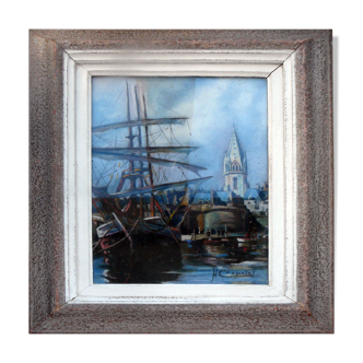 Painting Marine XIX° signed H. Chopeler pastel Port boat masts + frame