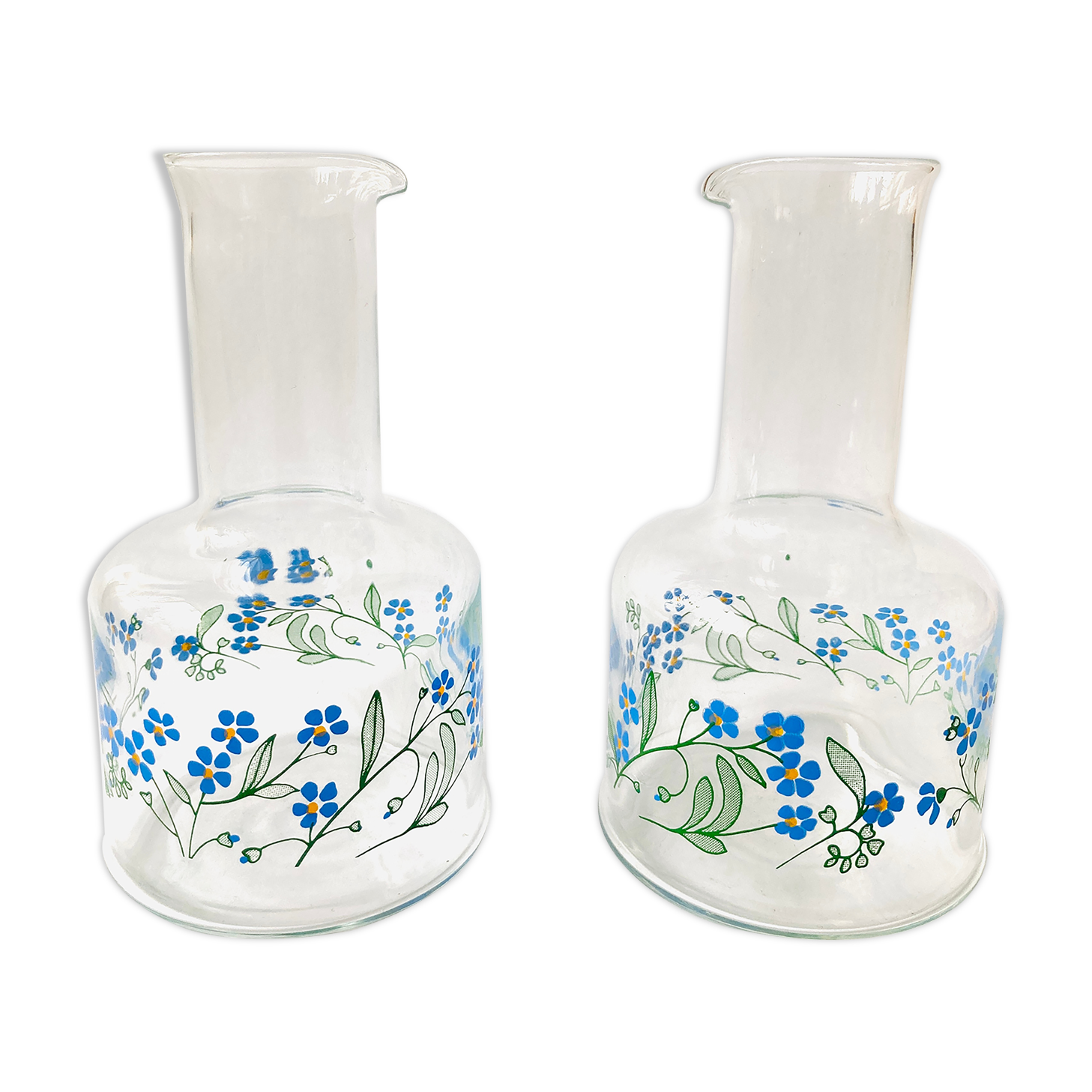 X2 vases -transparent glass vials forget-me-not pattern - retro- vintage -deco