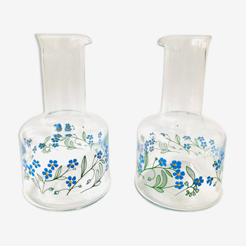 X2 vases -fioles en verre transparent motif myosotis - retro- vintage -deco