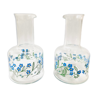 X2 vases -fioles en verre transparent motif myosotis - retro- vintage -deco