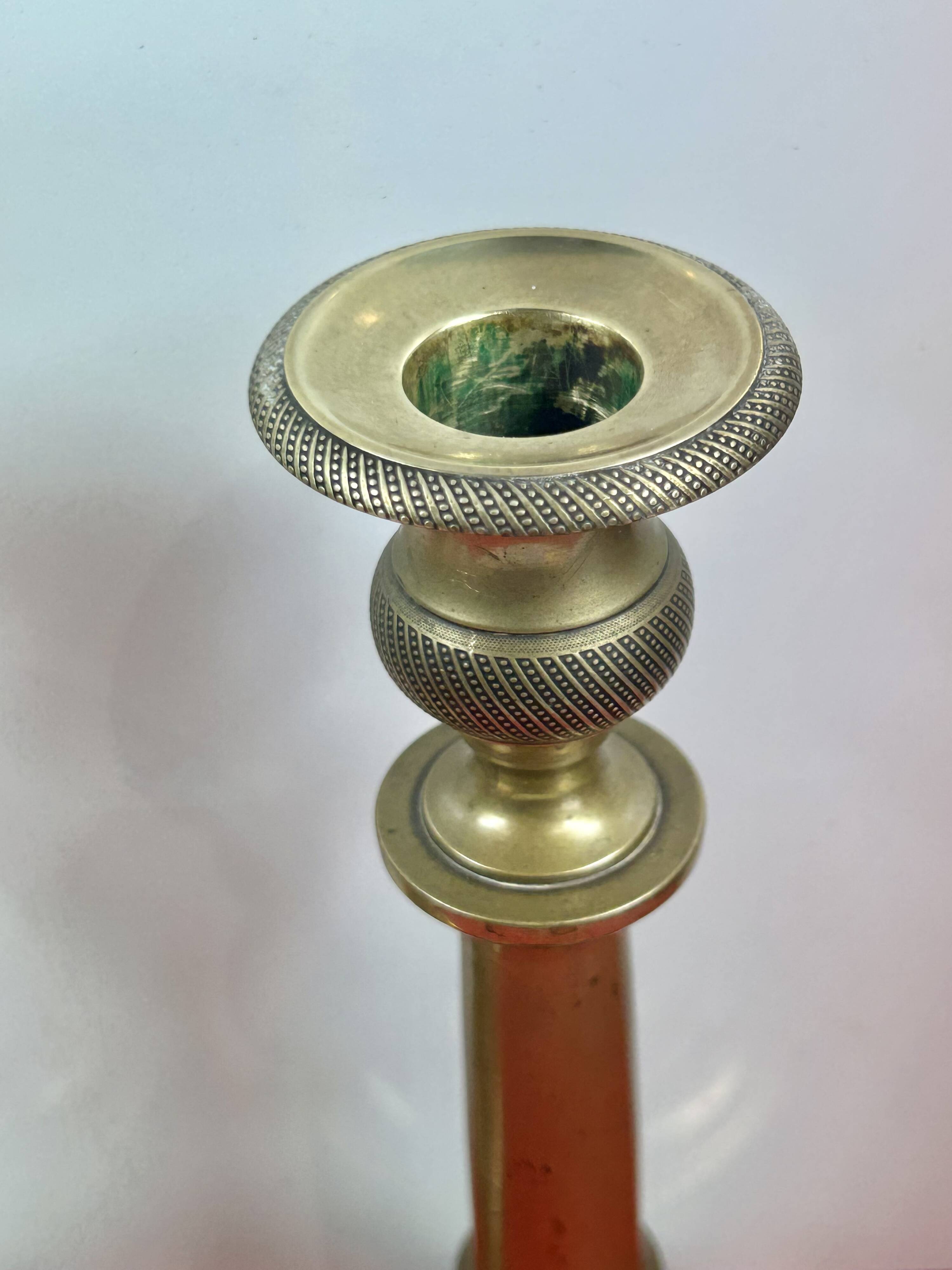 Pair of 19th-century restoration candlesticks in guilloché bronze - H 27 cm