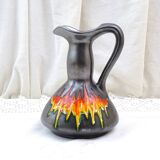 Vintage Italian mid-century iridescent black pottery vase/pitcher with red flame glaze, retro 1950s ceramic ornamental pitcher from Italy