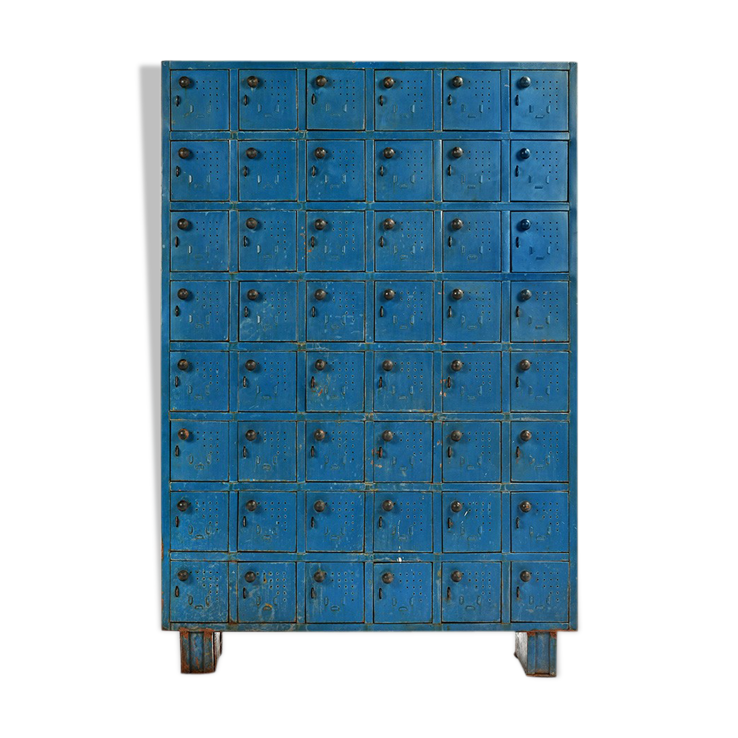 Blue metal workshop furniture with 48 bins