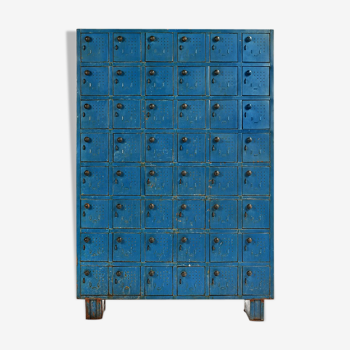 Blue metal workshop furniture with 48 bins