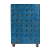 Blue metal workshop furniture with 48 bins