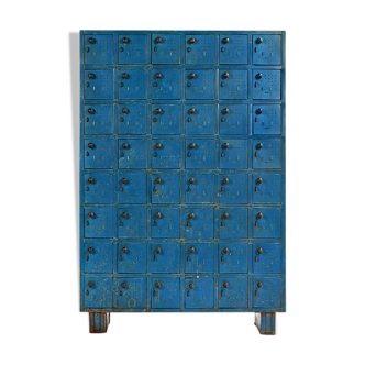 Blue metal workshop furniture with 48 bins