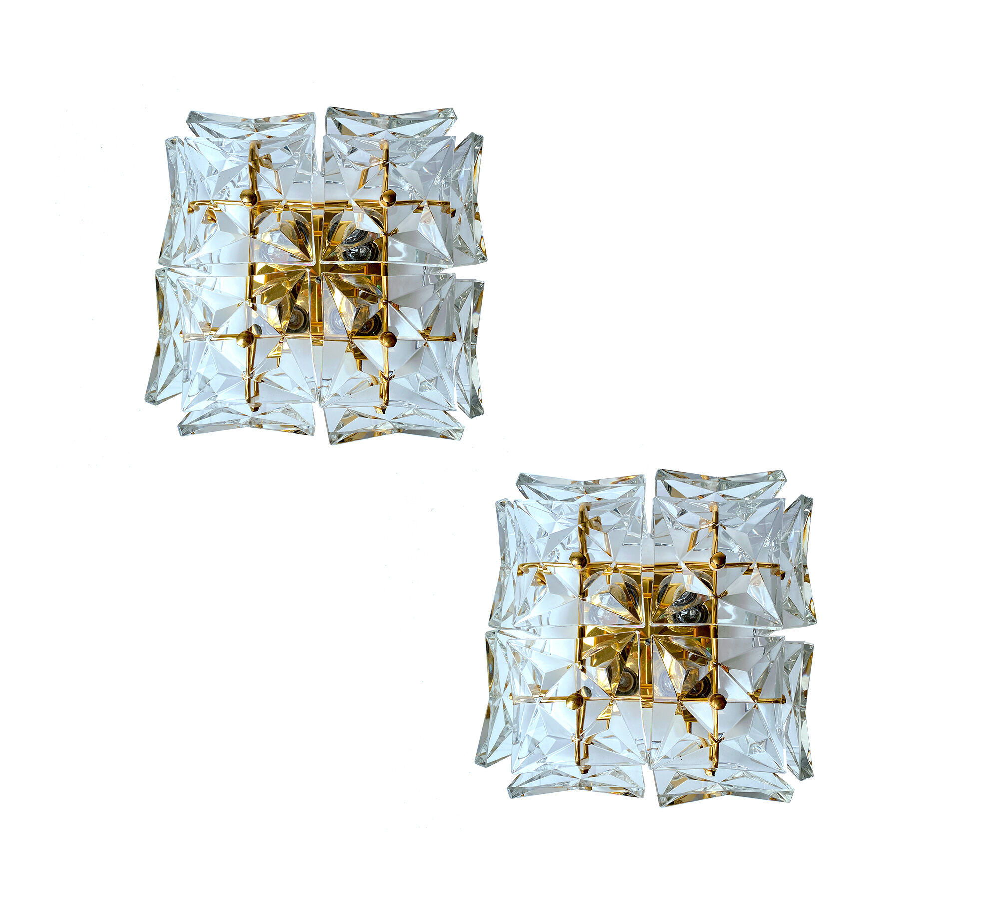 pair vintage wall lamps 60s golden crystal fine gold