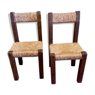 Paire de chaises pin massif et paille, années 40-50