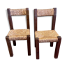 Paire de chaises pin massif et paille, années 40-50