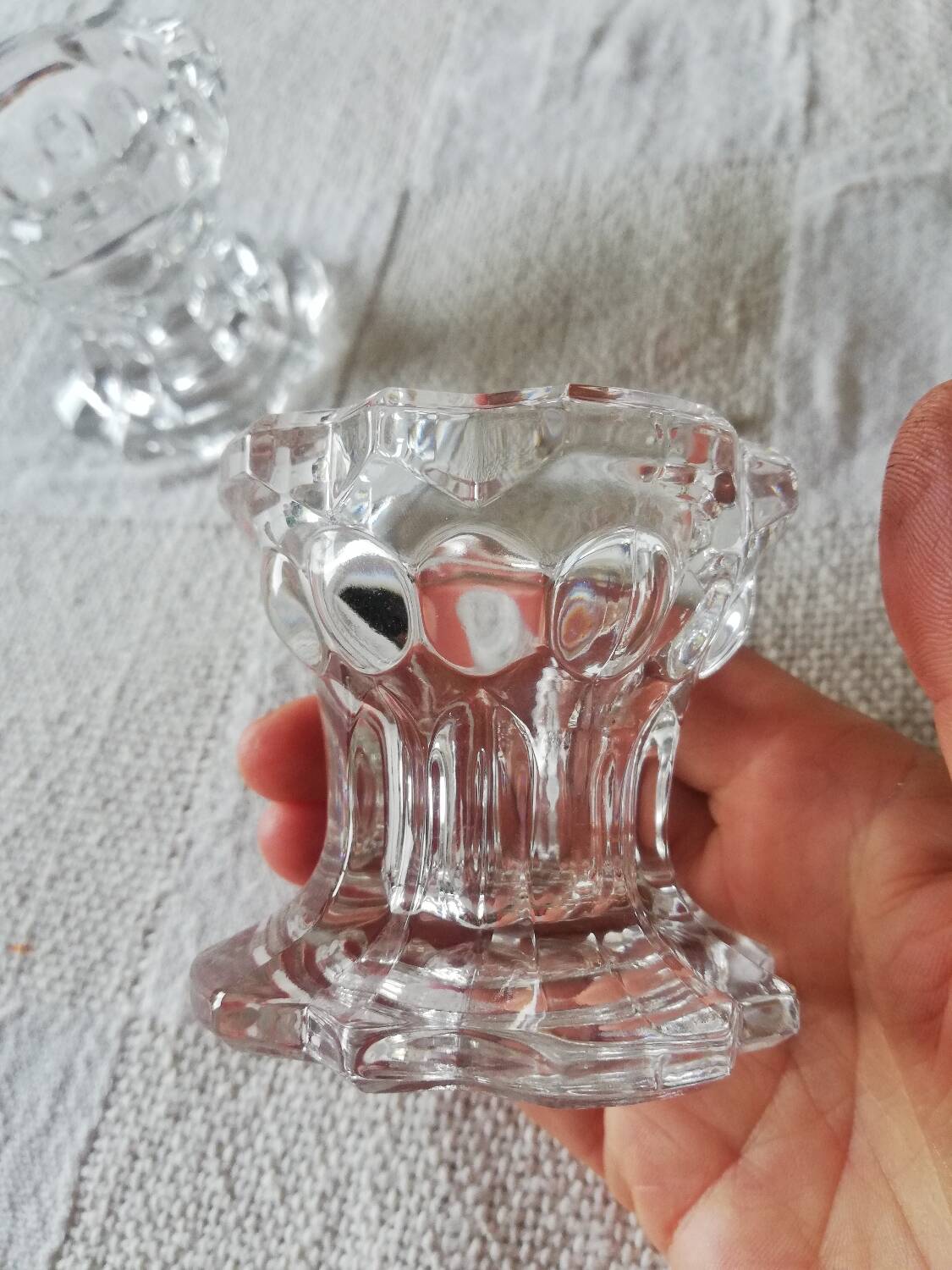 Set of two vintage glass candlesticks, transparent, France, Reims.