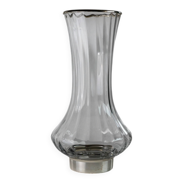 Vintage glass vase from the 1980s, transparent glass with fine linear pattern and silver metal details, elegant sculptural flower vase, gift idea.