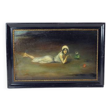 Peinture à l'huile vintage d'une gitane de Zamutov, Tchécoslovaquie, années 1940