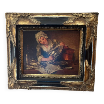Tableau : huile sur toile d’une ménagère astiquant l’argenterie