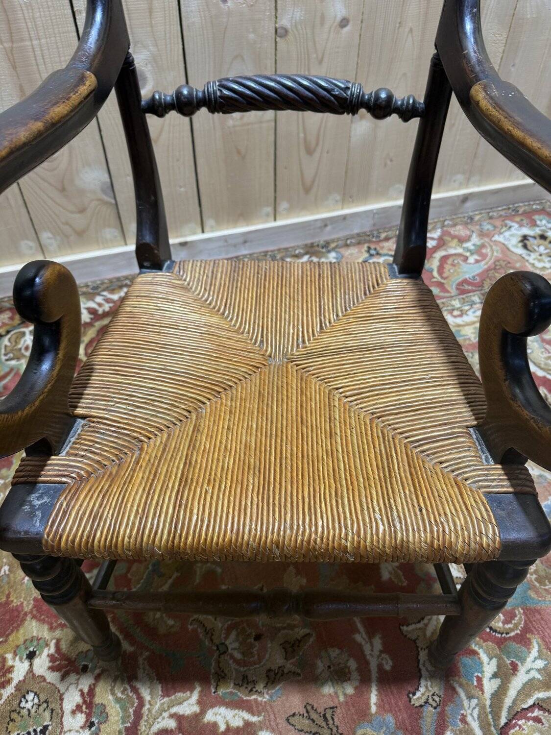 Pair of rustic straw-seated armchairs