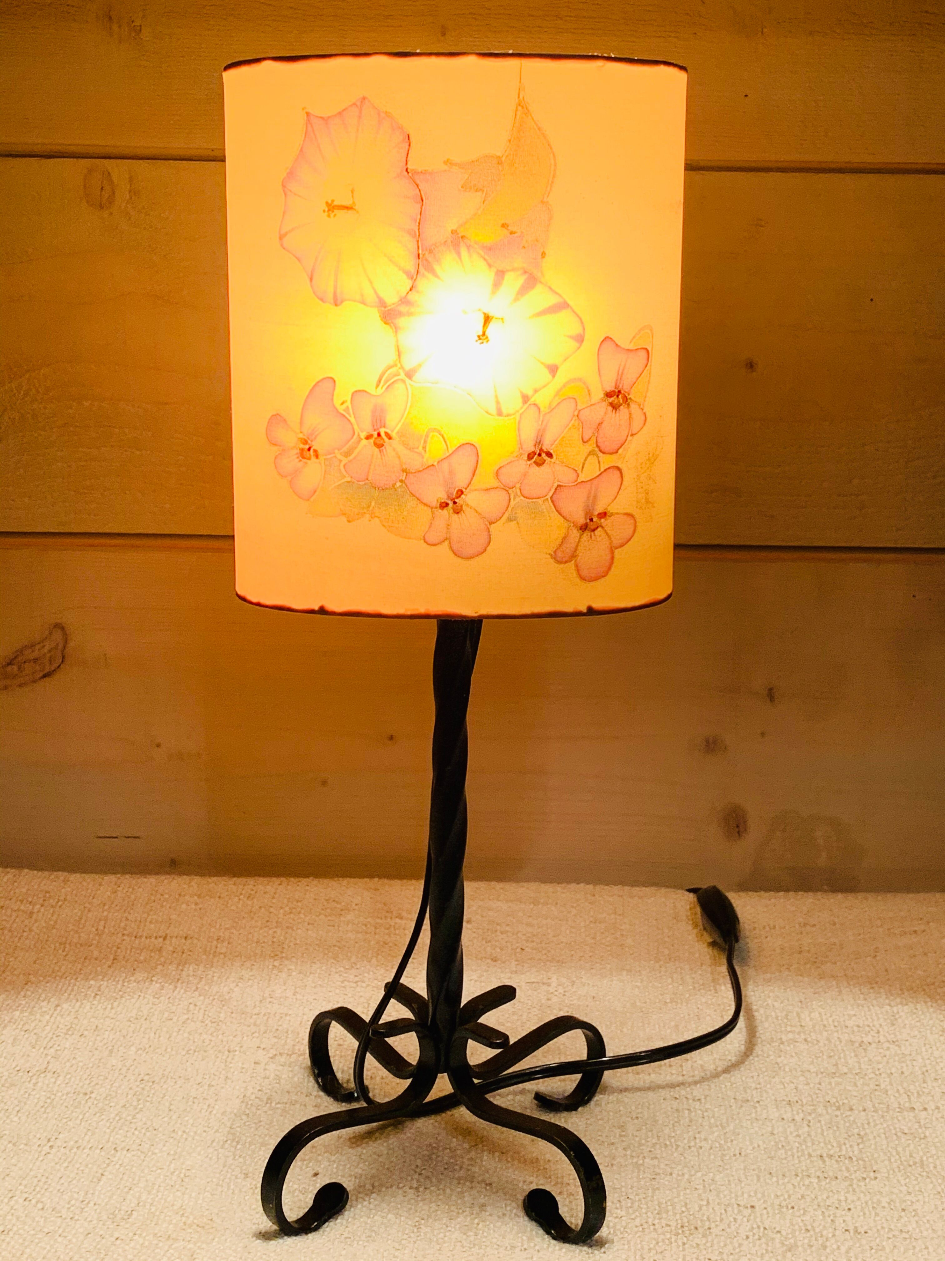 Vintage wrought iron foot lamp and silk dayshade