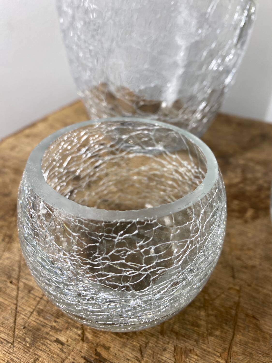 Crackle glass vase and candle holders