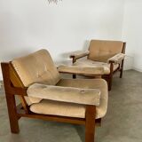 Pair of lounge chairs in wood and designer fabric from the 60s vintage Scandinavian look