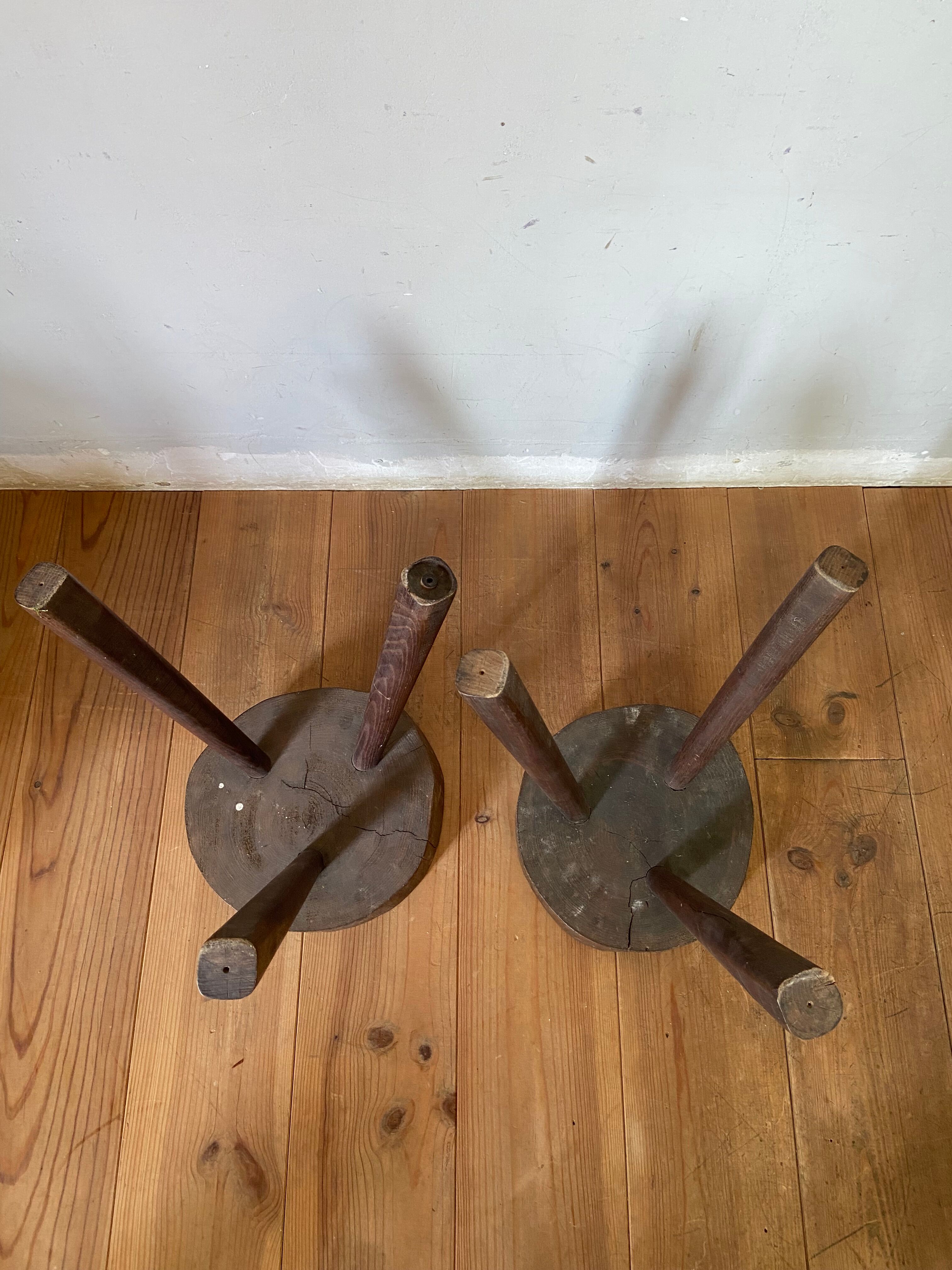 Pair of brutalist stool in solid oak 60s